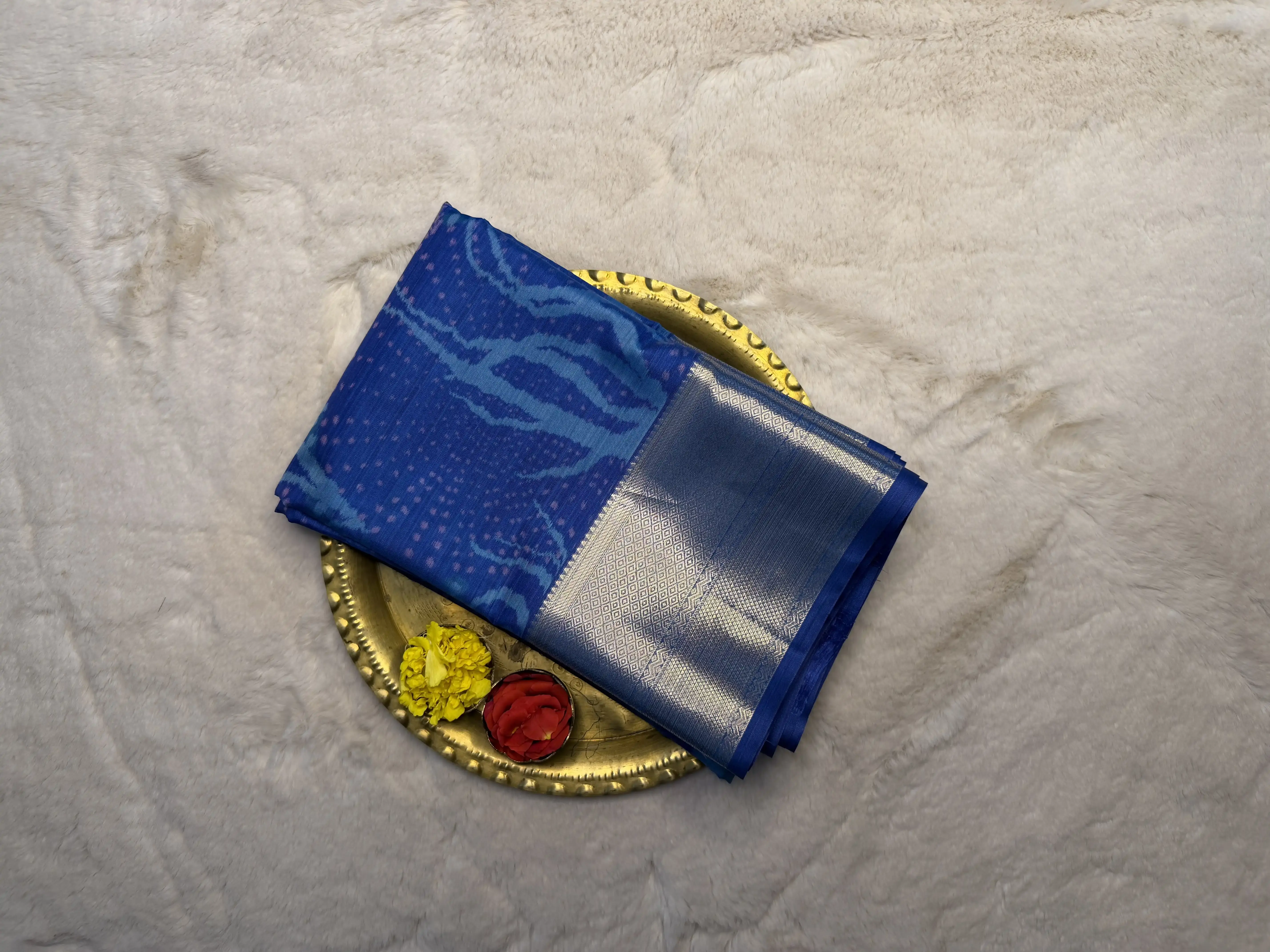 Peacock Blue With Contrast Blouse Semi Silk Saree