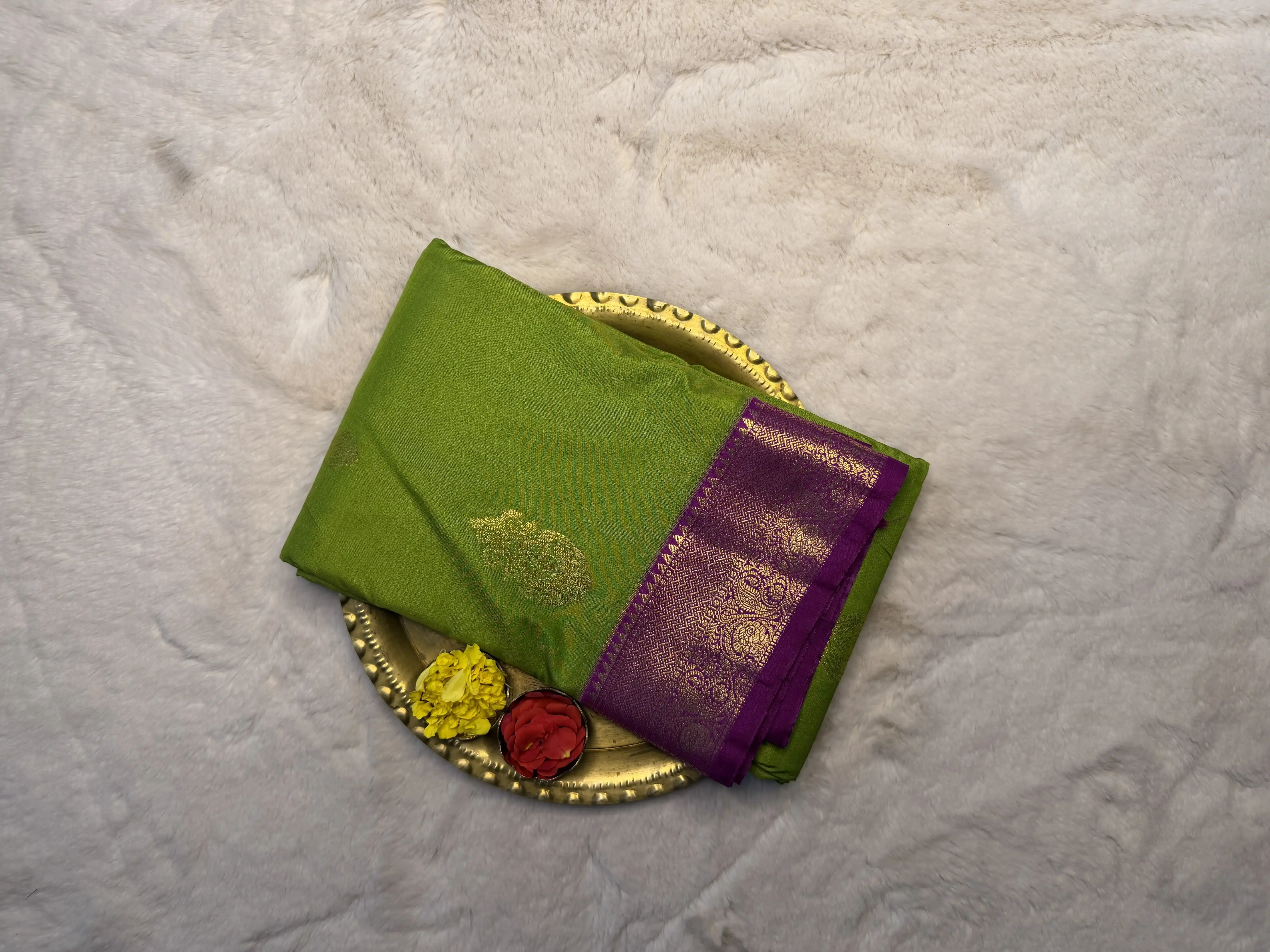 Green With Pink border Semi Silk Saree