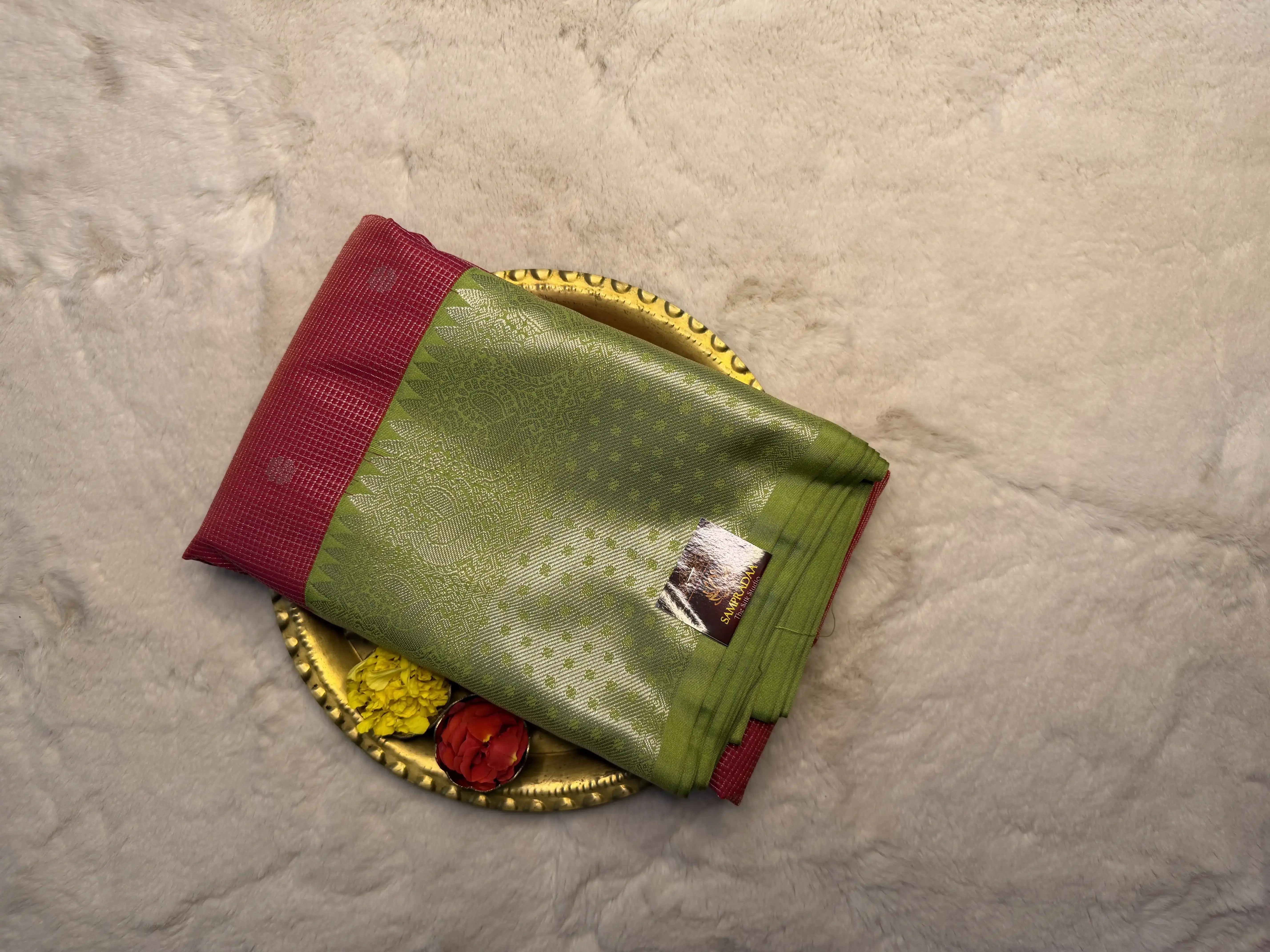 Pink & Green Microchecks Semi Silk Saree