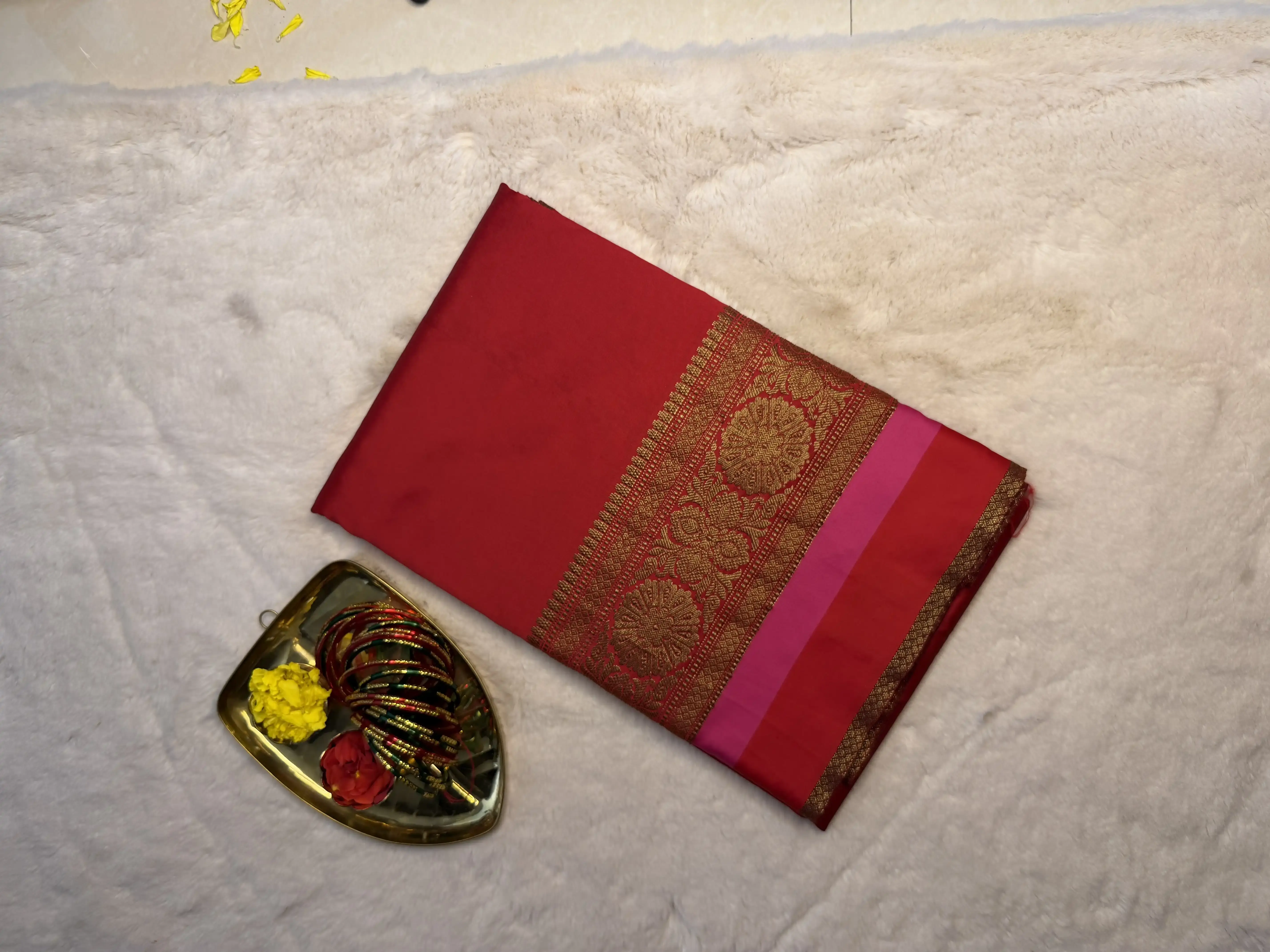 Orangish Pink long border Benarasi saree