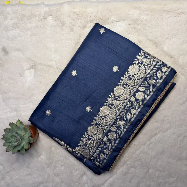 Navy blue thread work semi raw silk saree