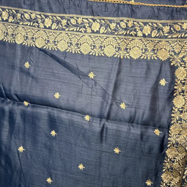 Navy blue thread work semi raw silk saree