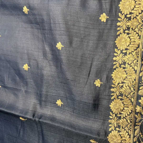 Navy blue thread work semi raw silk saree