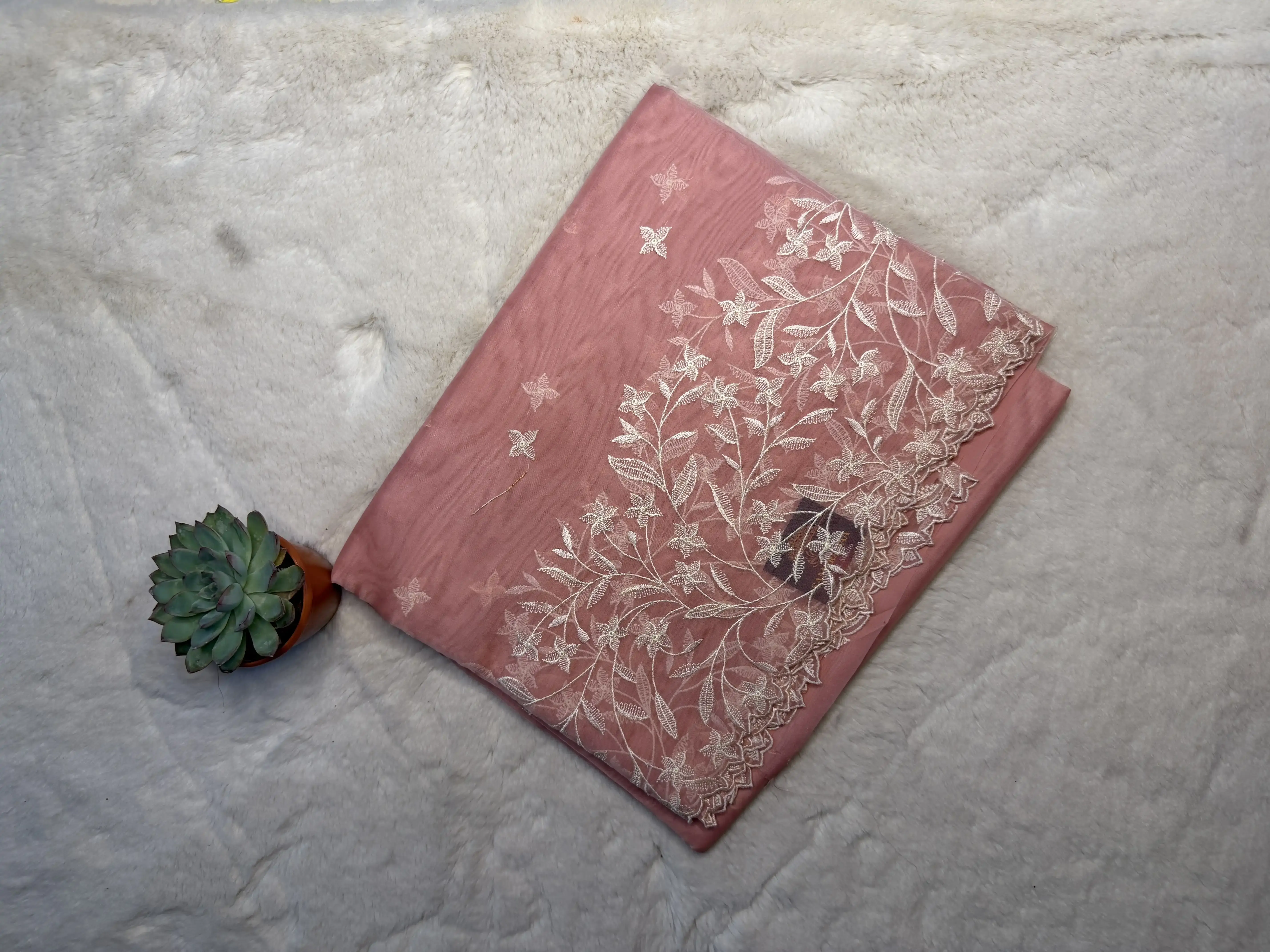 Peach thread work semi organza saree