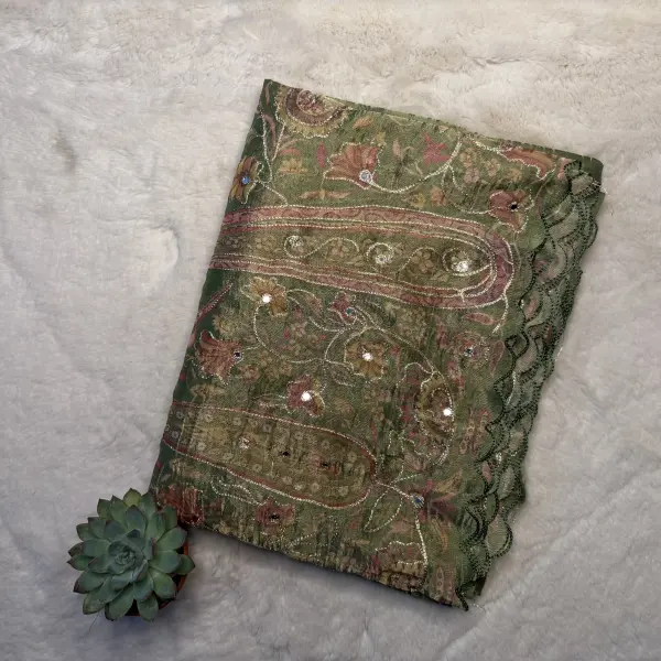 Military green tissue organza with sequin work party wear saree