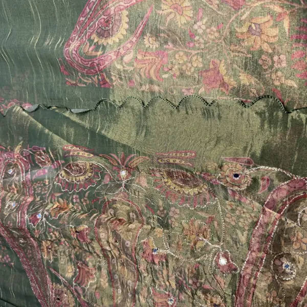 Military green tissue organza with sequin work party wear saree