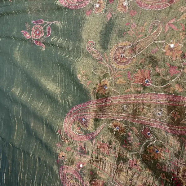 Military green tissue organza with sequin work party wear saree