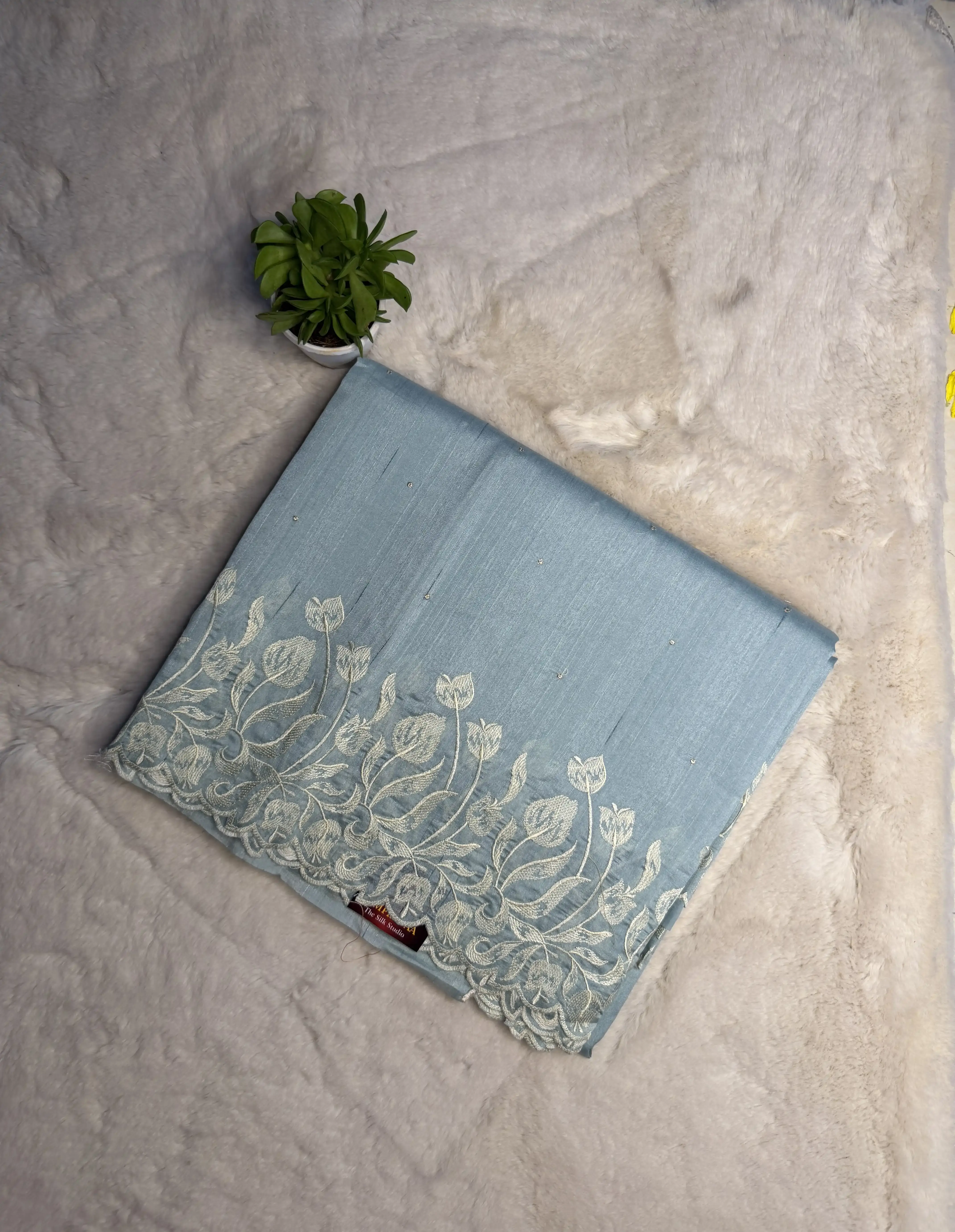 Powder Blue Semi-raw silk with thread work saree