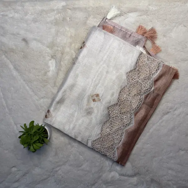 White & brown thread work kota cotton saree