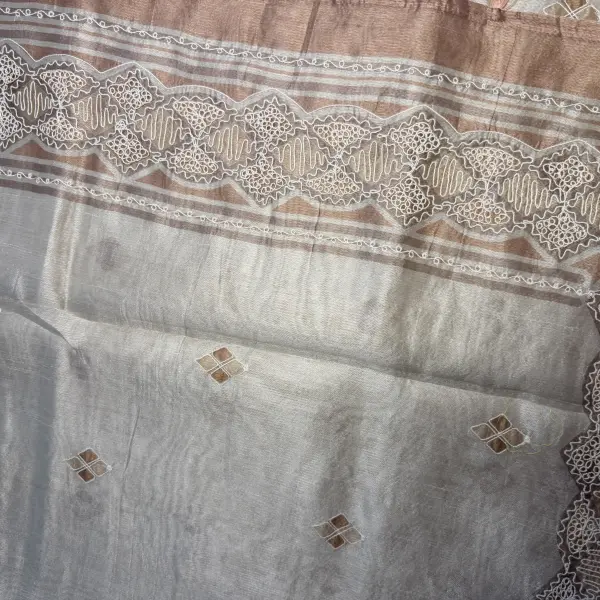 White & brown thread work kota cotton saree