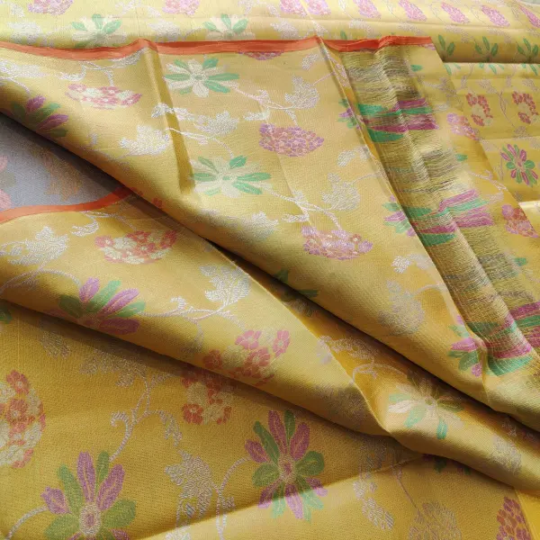 Yellow contemporary floral pattern Pure kanchipuram silk saree