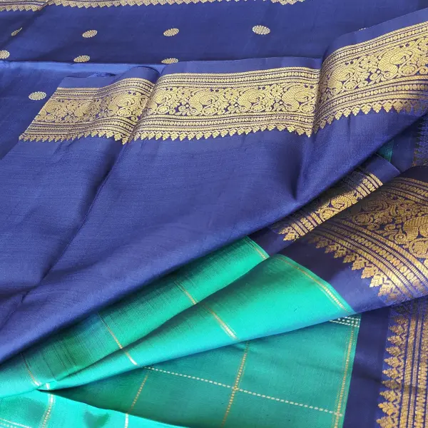 Green checks with navy blue contrast Pure kanchipuram silk saree