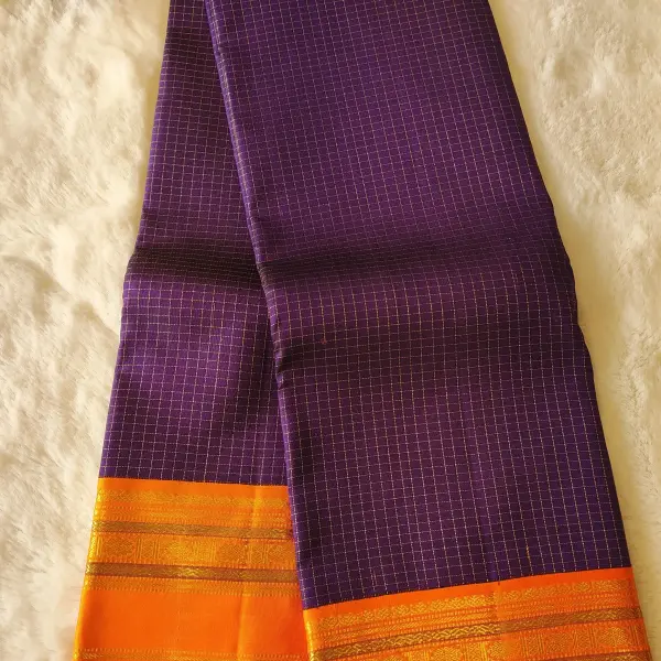 Navy blue microchecks with orange bentex border Pure kanchipuram silk saree