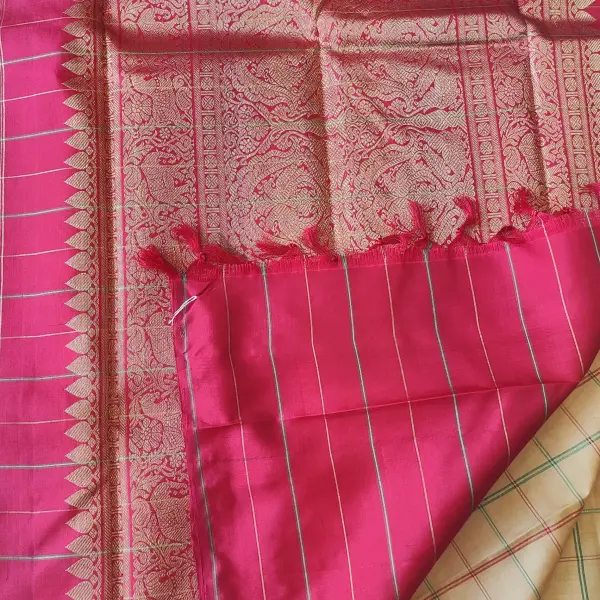 Beige with microchecks pattern Pure kanchipuram silk saree