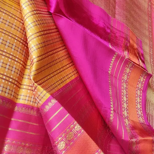 Mustard yellow microchecks with pink border Pure kanchipuram silk saree