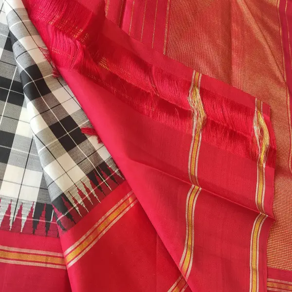 Black and white checks saree with red border Pure kanchipuram silk saree