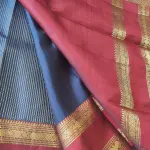 Navy blue with gold and silver verticle lines red border pure silk saree