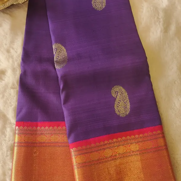 Dark blue with Mango motifs and pink border pure silk saree