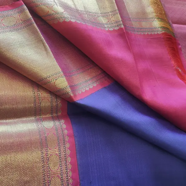 Dark blue with Mango motifs and pink border pure silk saree