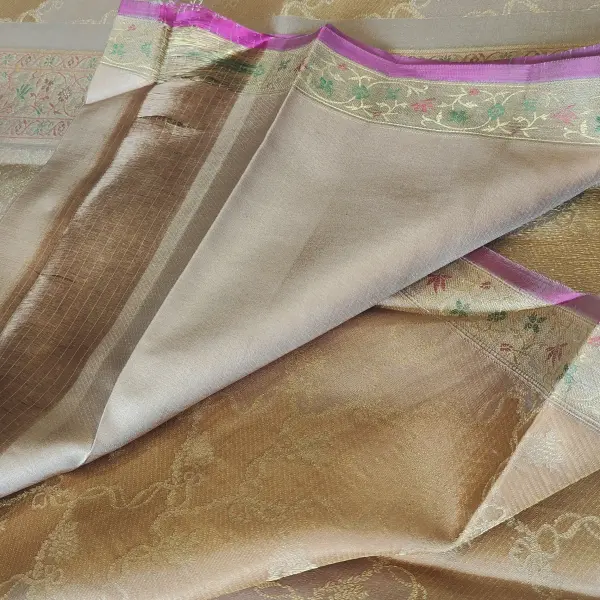 Beige and pink pure silk saree