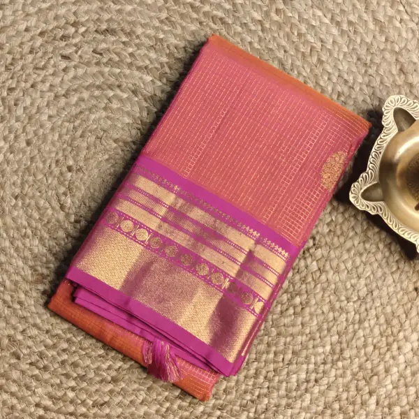 Orangish pink zari microchecks Pure kanchipuram silk saree