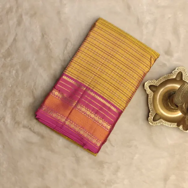 Mustard yellow microchecks with pink border Pure kanchipuram silk saree