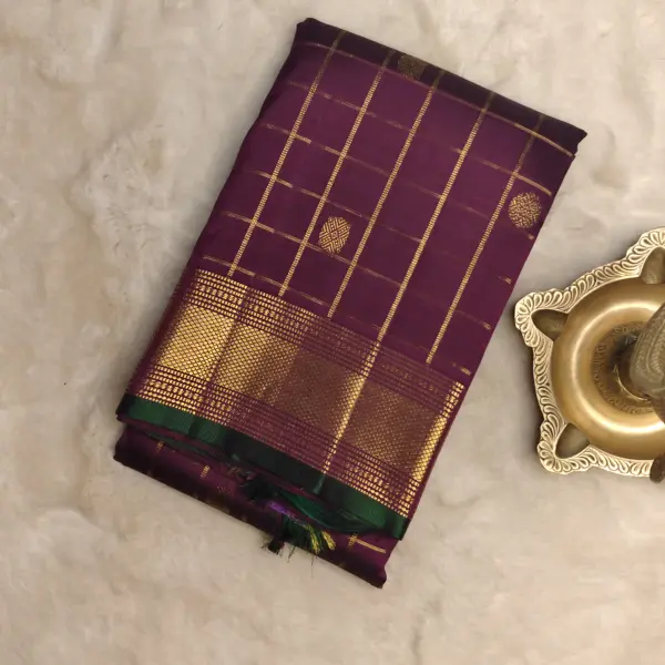 Maroon checks with small motifs Pure Kanchipuram silk saree