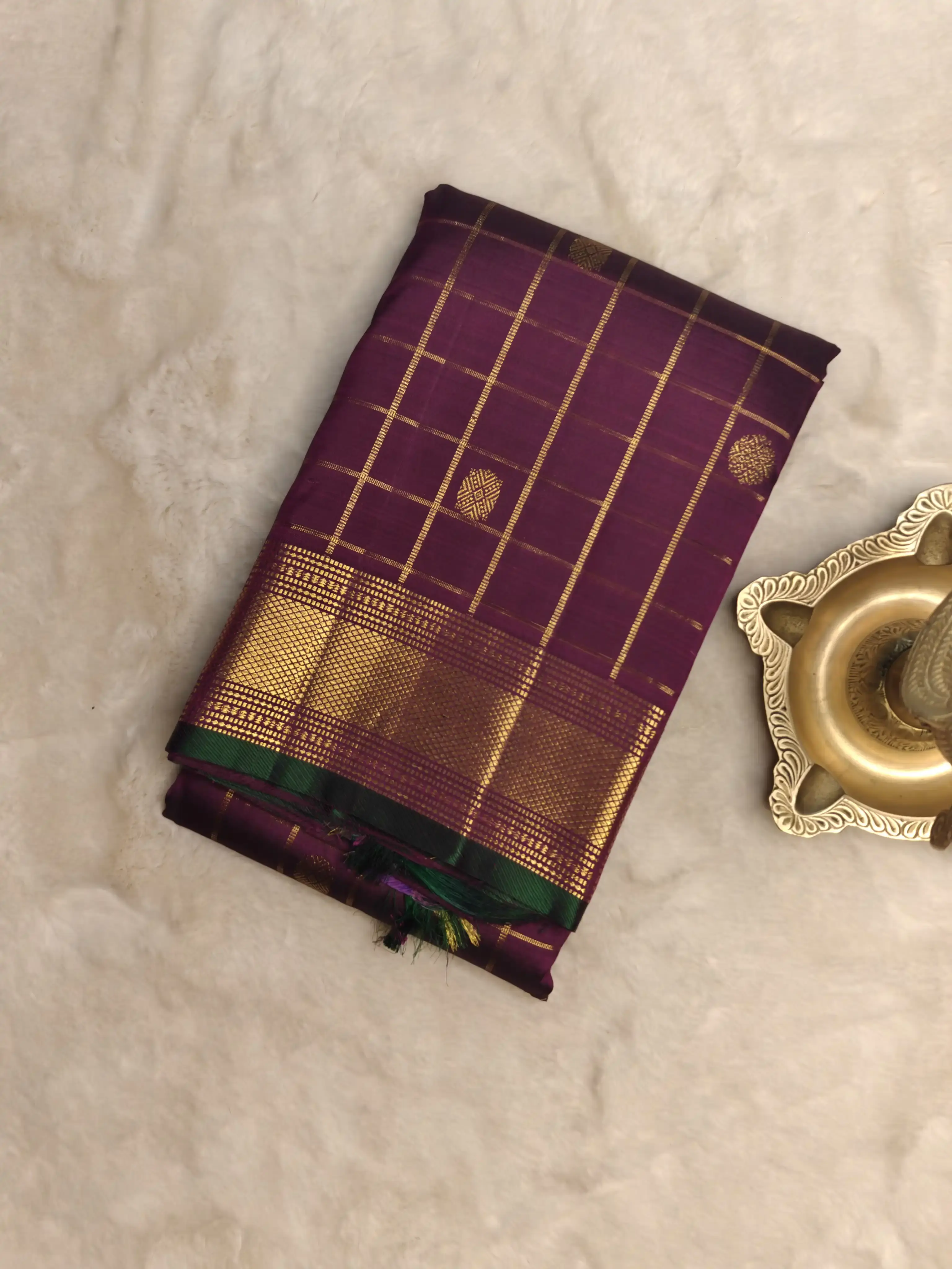 Maroon checks with small motifs Pure Kanchipuram silk saree