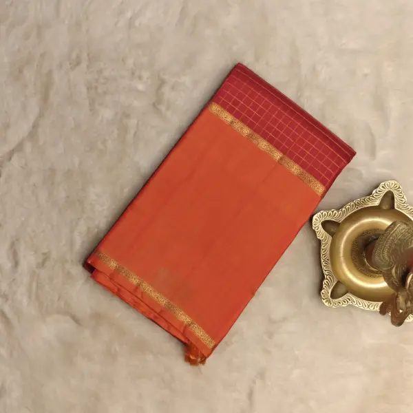 Red checks with orange bentex border Pure kanchipuram silk saree