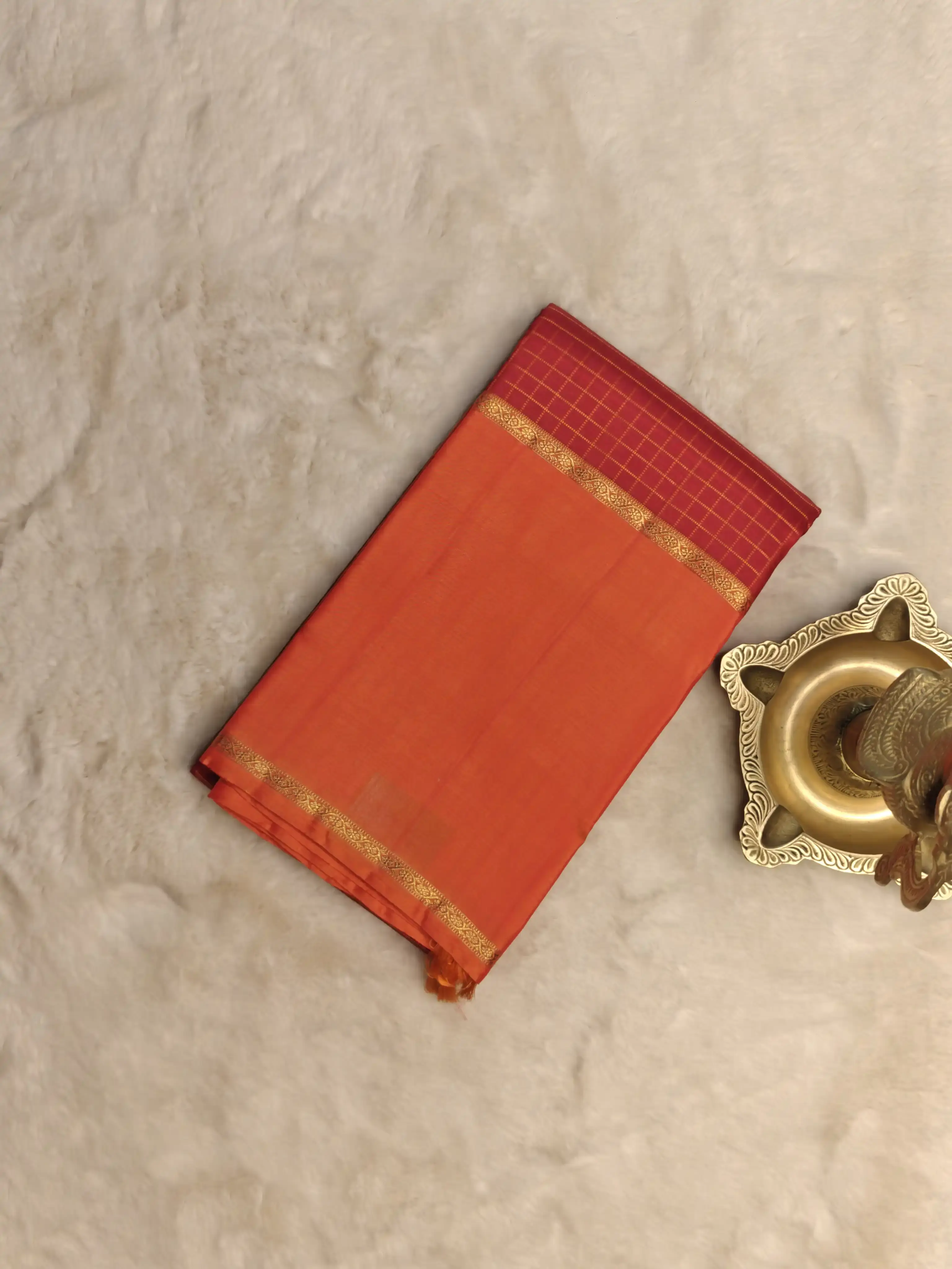 Red checks with orange bentex border Pure kanchipuram silk saree