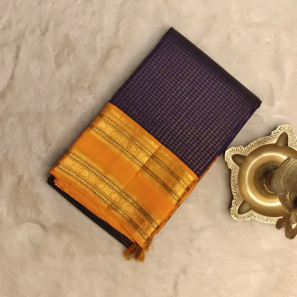 Navy blue microchecks with orange bentex border Pure kanchipuram silk saree