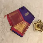 Dark blue with Mango motifs and pink border pure silk saree