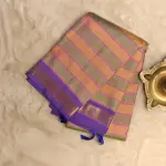 Orange and Green checks with purple border pure silk saree