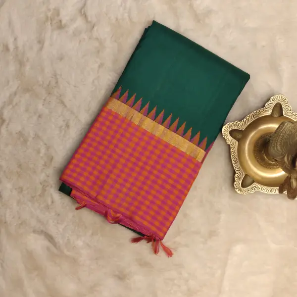 Green with orange and pink border Pure kanchipuram silk saree