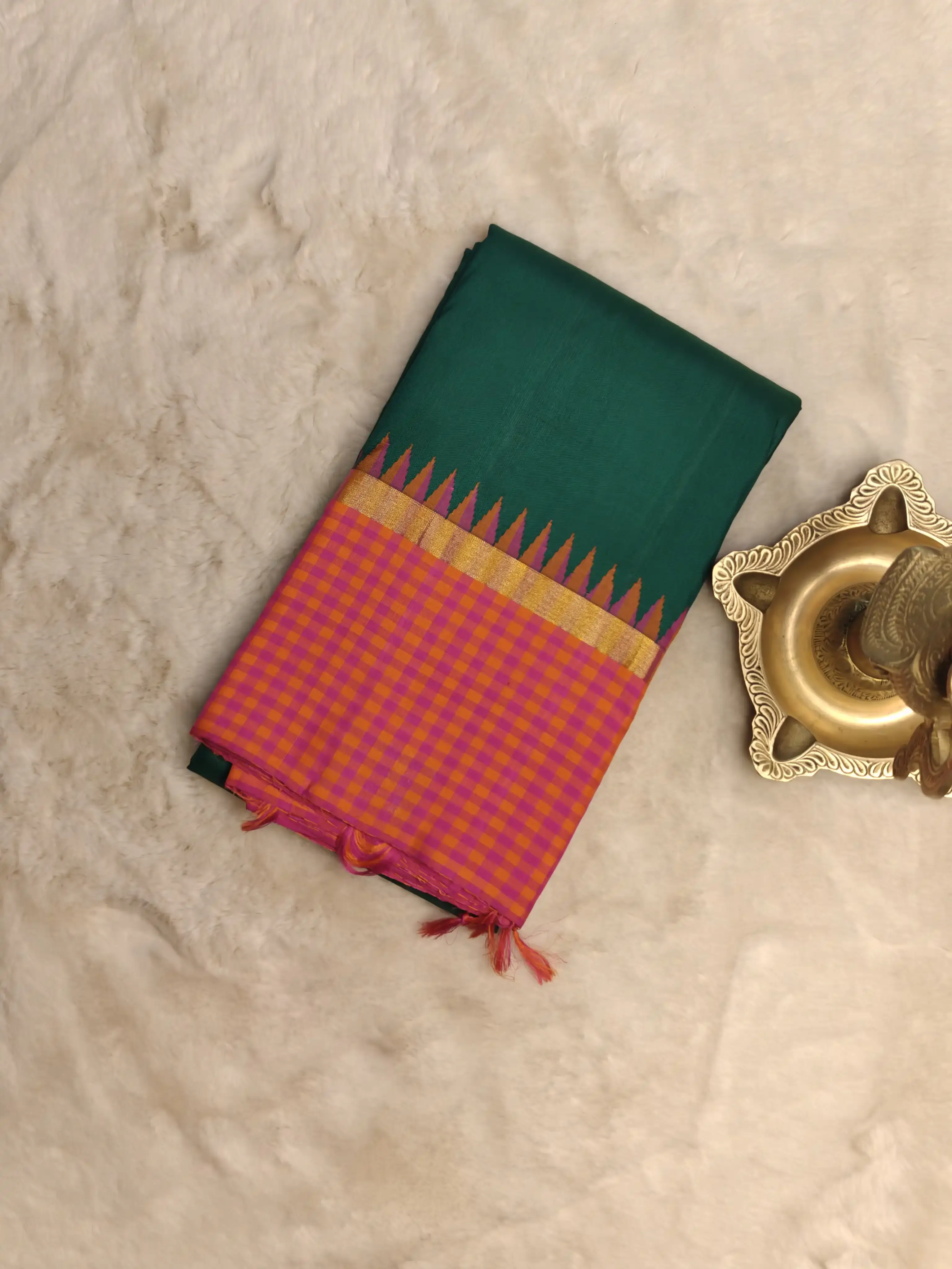 Green with orange and pink border Pure kanchipuram silk saree