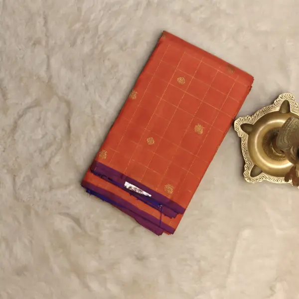 Orange checks with small motifs and purple pallu Pure kanchipuram silk saree