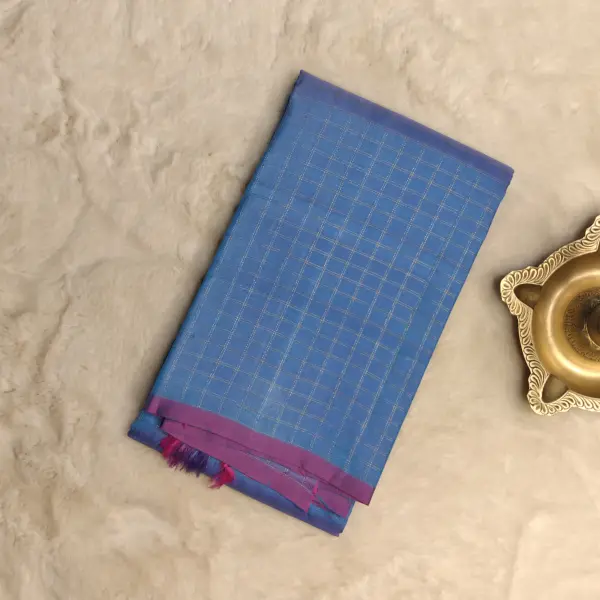 Blue dual shade checks pattern pure silk saree