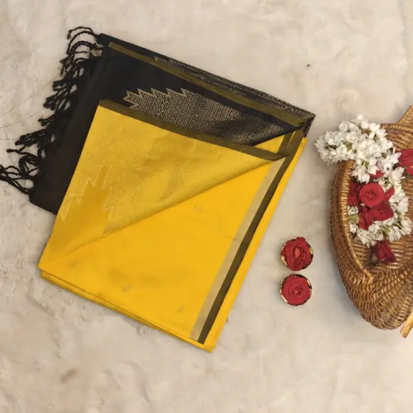 Yellow temple border with black contrast soft silk saree