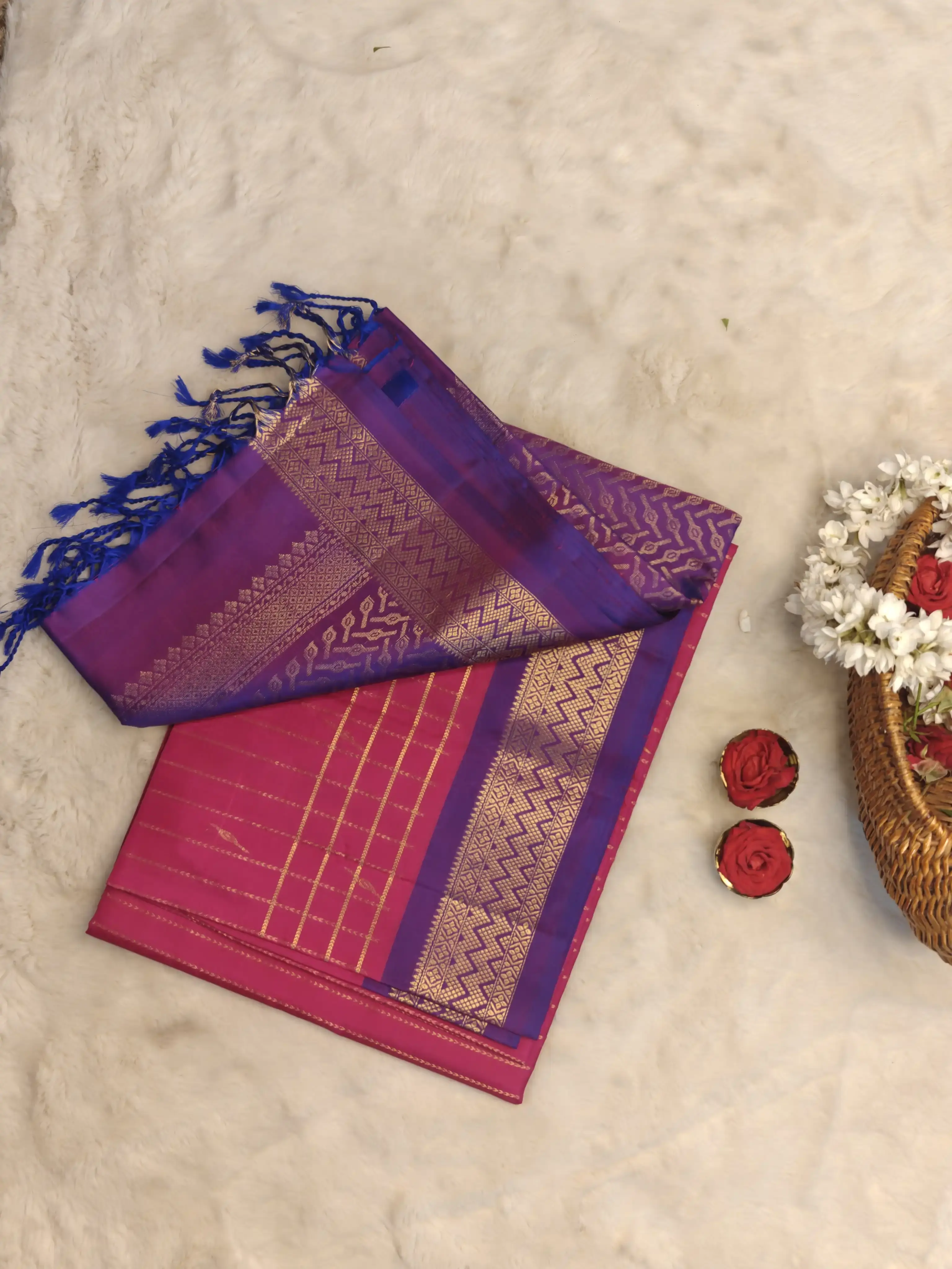 Pink with rich purple border soft silk saree