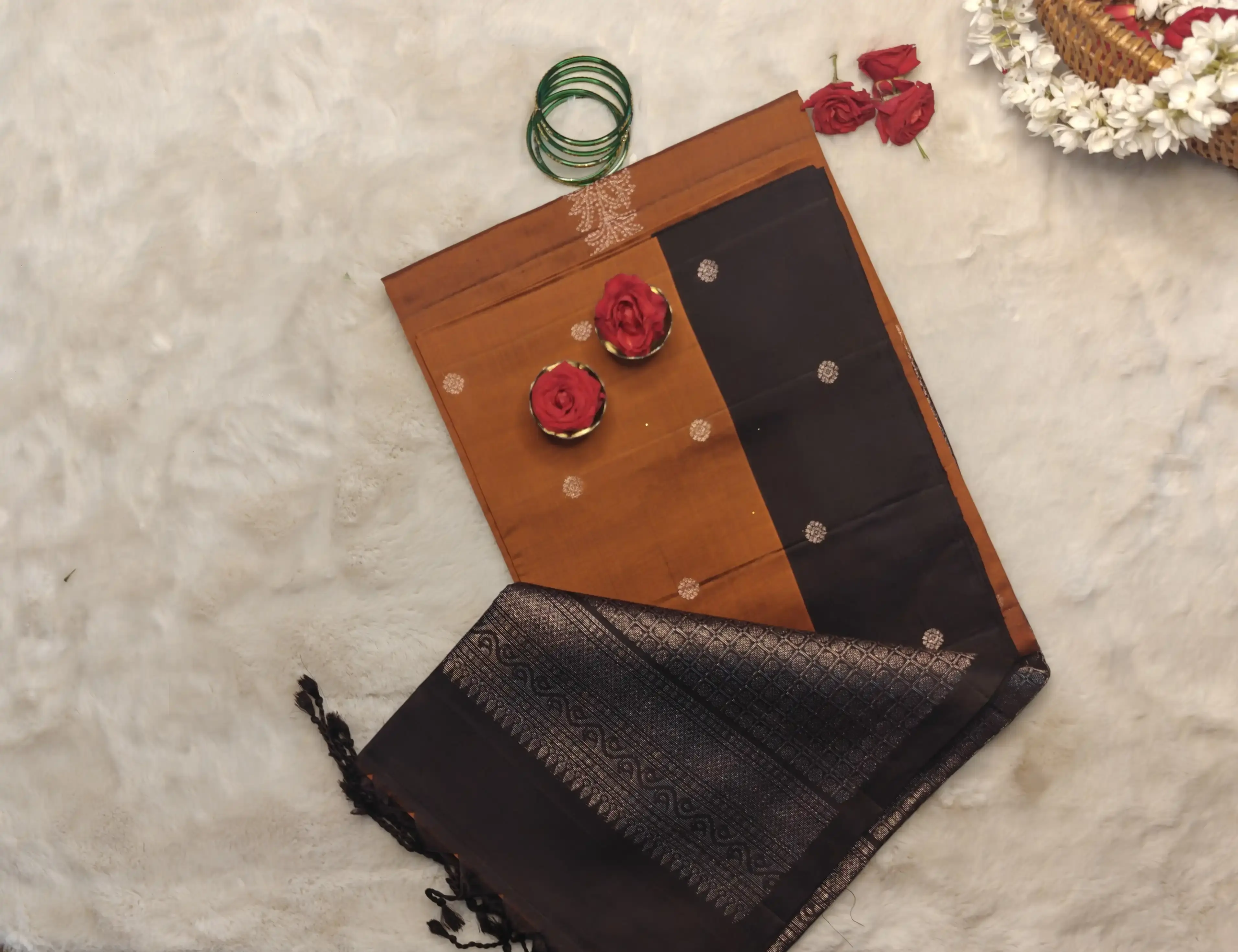 Rust Orange and black soft silk saree