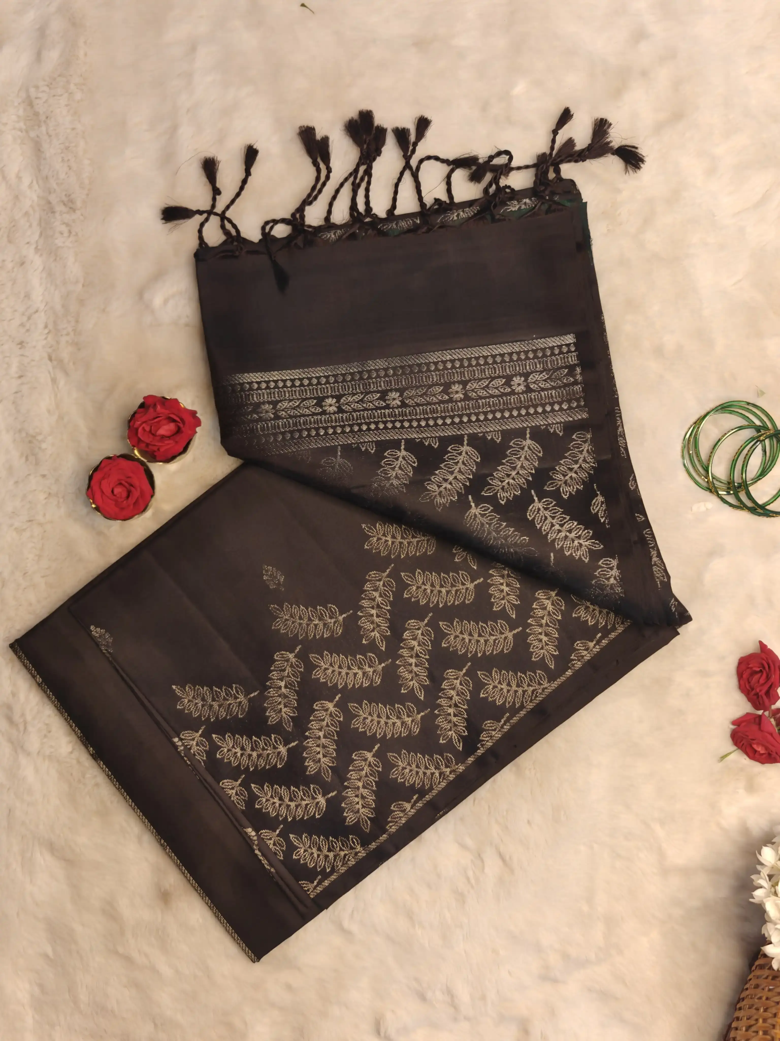 Black silver leaf motifs soft silk saree