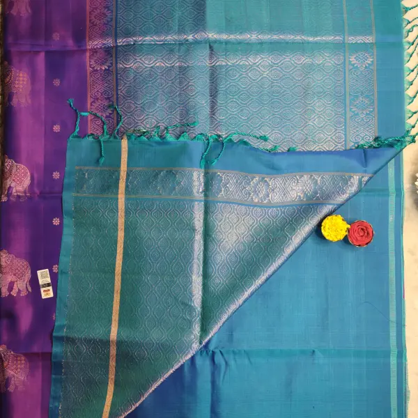 Dark pink with teal blue Elephant motif soft silk saree