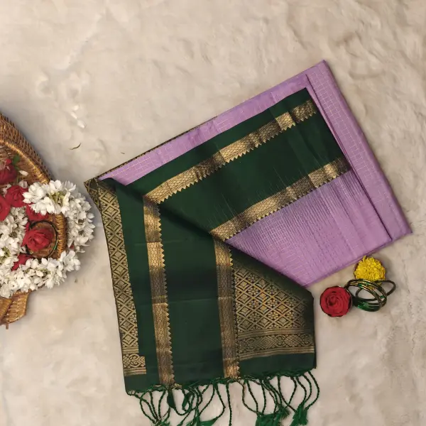 Rose pink checks with green bentex border soft silk saree