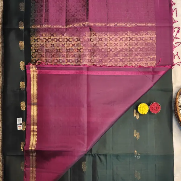 Dark green with classic maroon soft silk saree