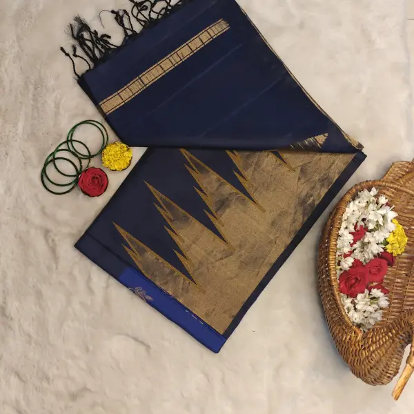 Navy Blue temple border small motifs soft silk saree