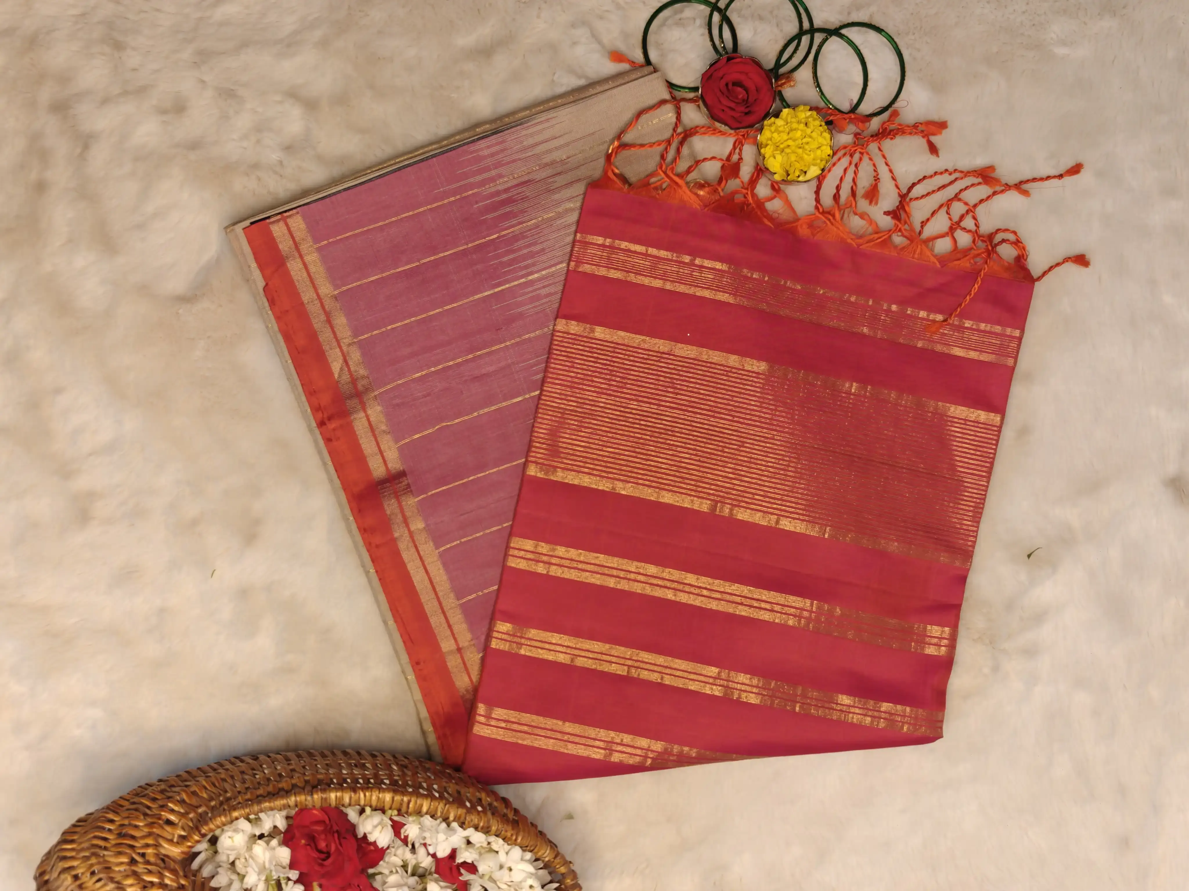 Beige with Ganga Jamuna border soft silk saree