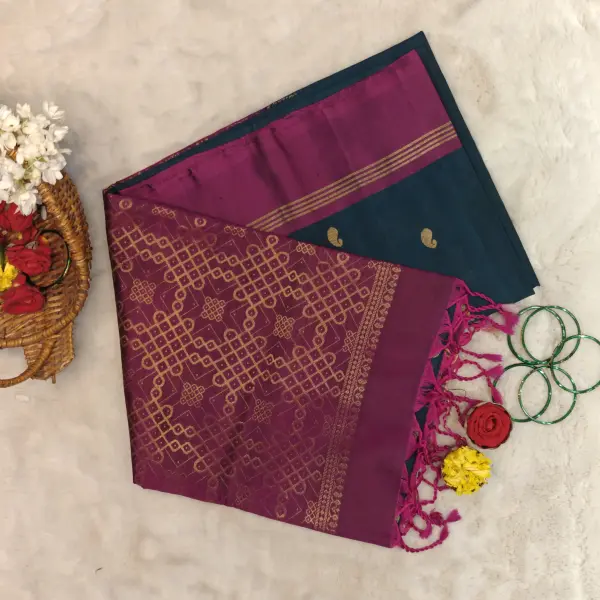 Dark green and maroon with mango motifs and kolam pallu soft silk saree
