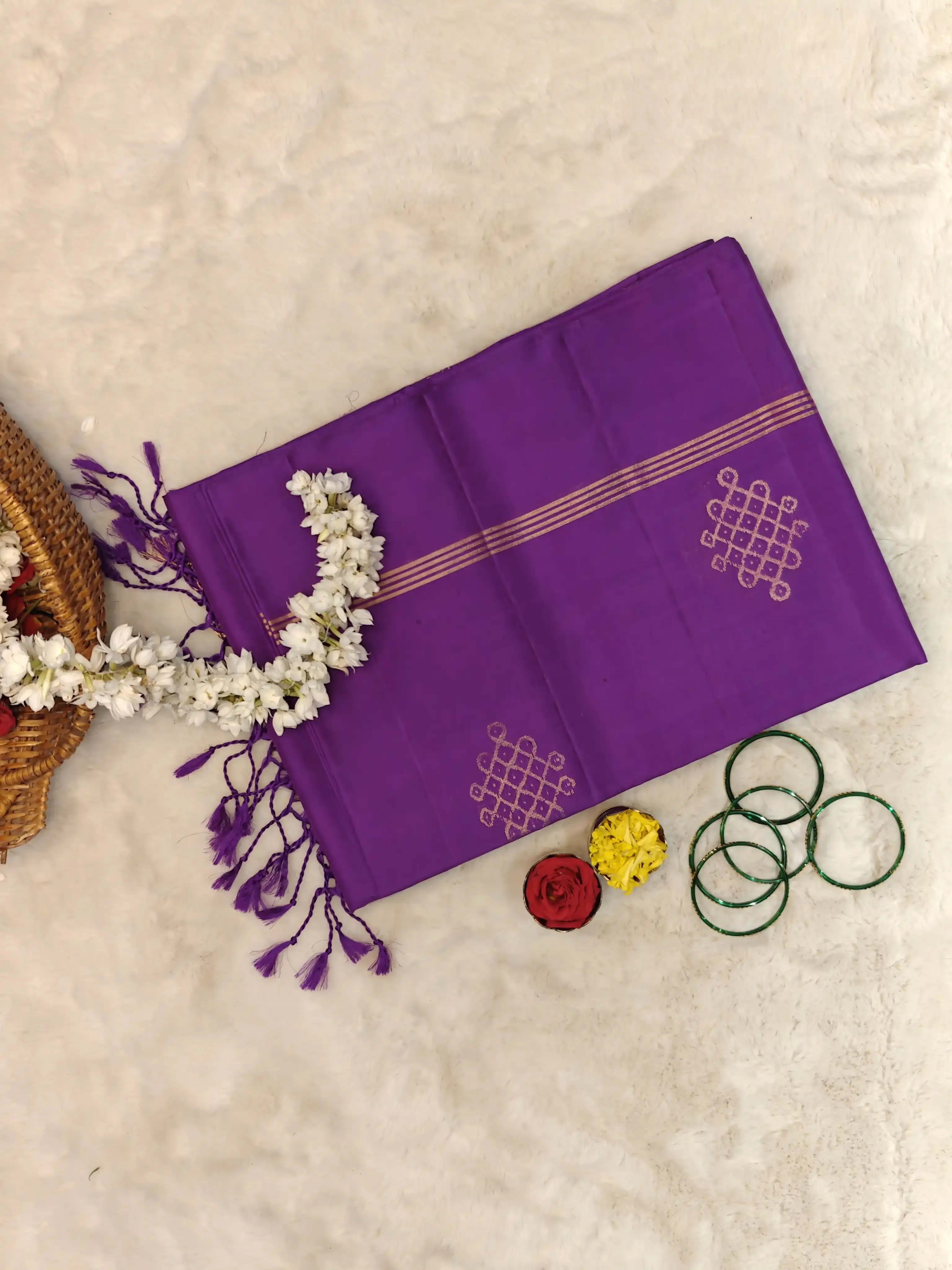 Purple kolam design kaddi border soft silk saree
