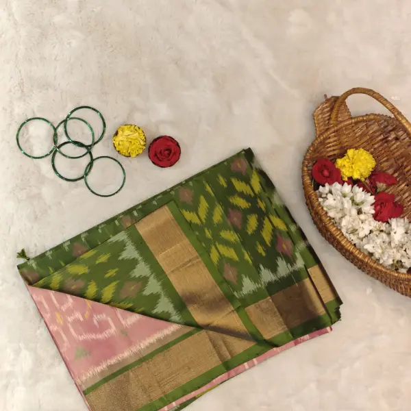 Pastel pink with green border soft silk saree