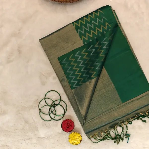 Dark green lehariya tissue soft silk saree